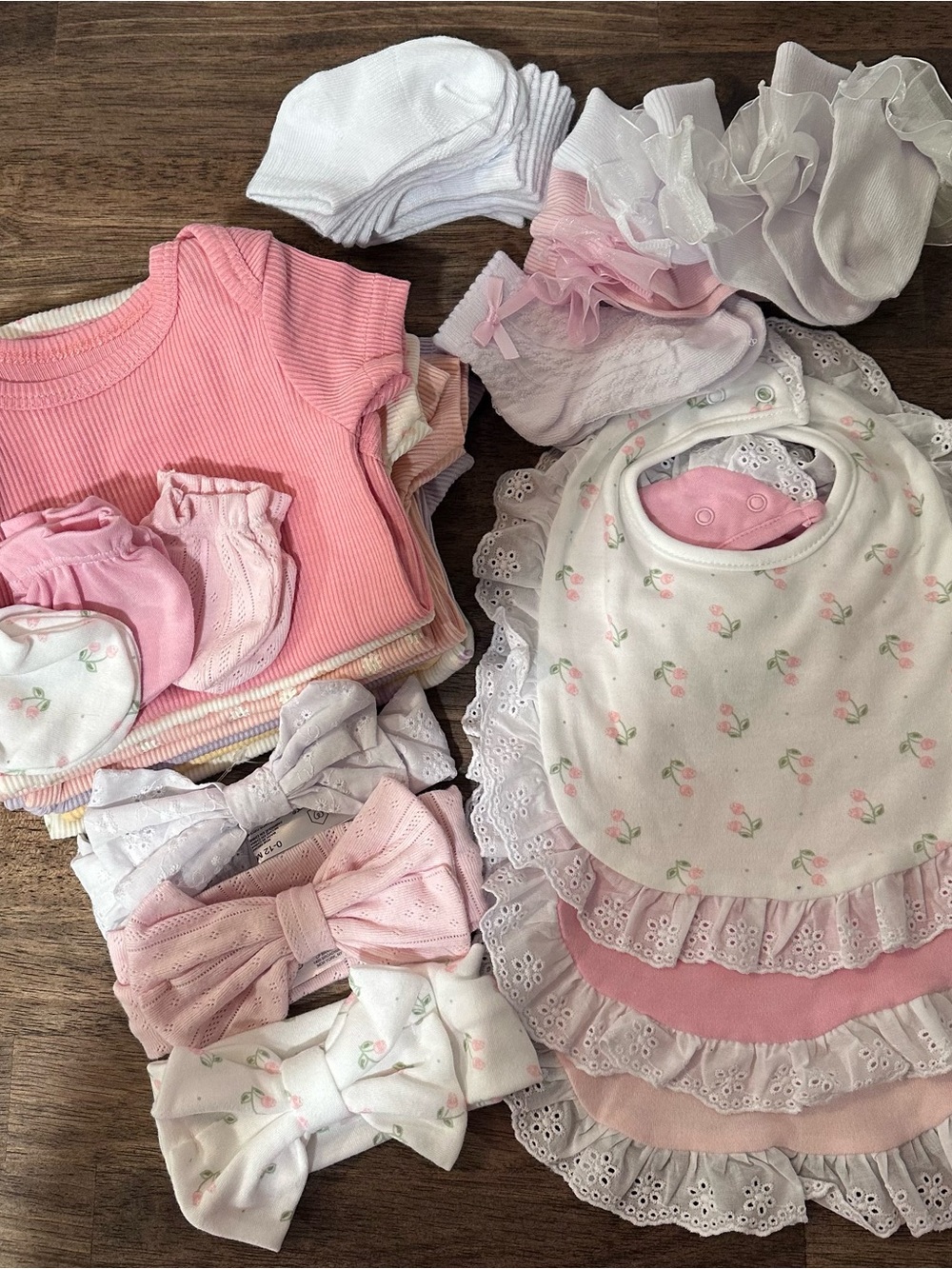 Baby Girl Pink Floral Ruffled Bibs & Headbands Set